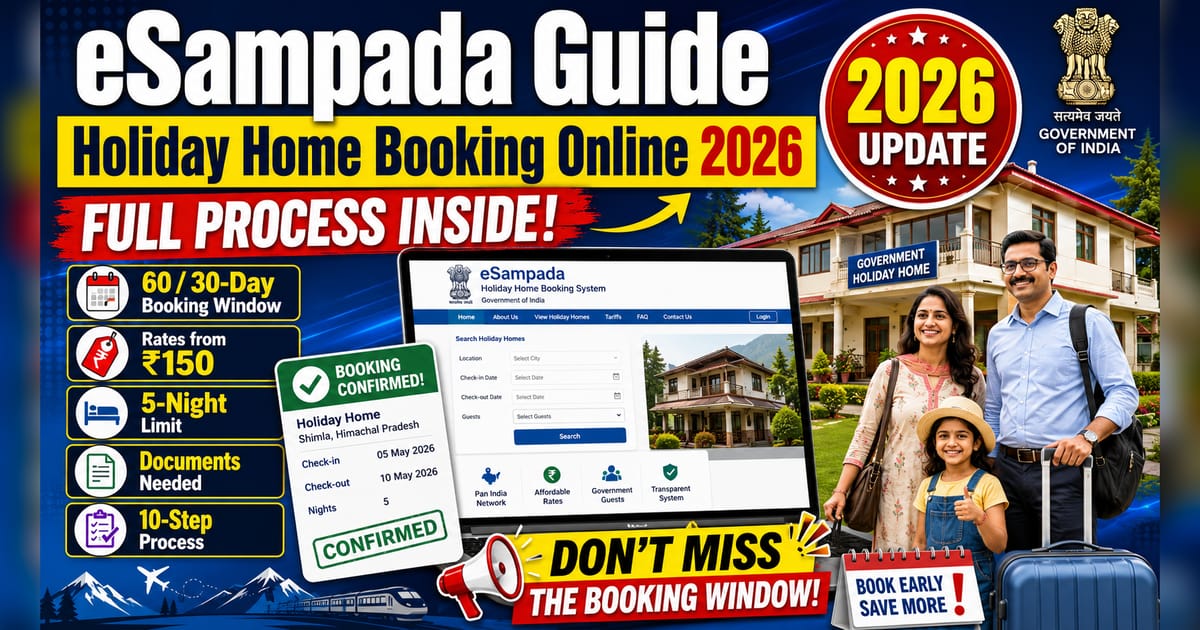 eSampada holiday home booking guide 2026 — 60/30-day booking window, rates from ₹150, 5-night limit and the 10-step process